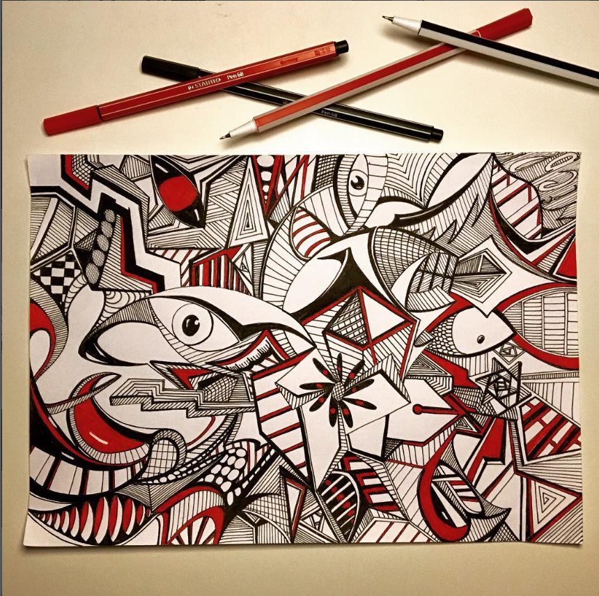 Expressieve rood-zwart-witte lijntekening met ogen en geometrische vormen